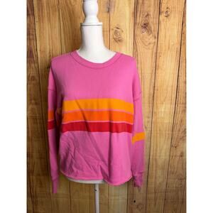 Aerie Pink Striped Waist Length Boxy Sweatshirt Distressed Collar Size M
